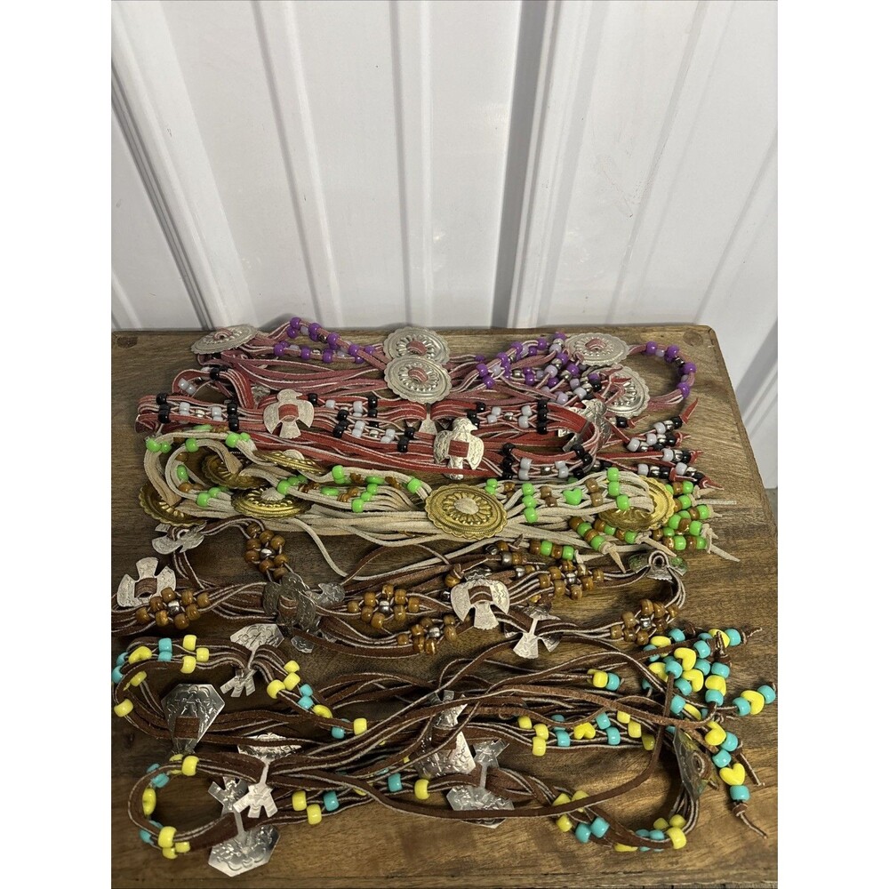 Lot Of 5 Vtg Southwest Leather Belts- Silver & Gold Tone Scarf Slides & Beads